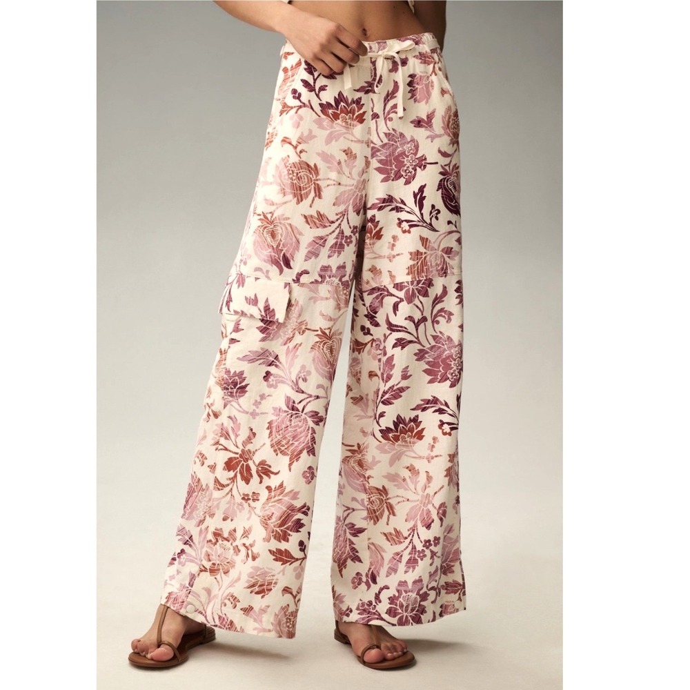 Pilcro Linen Floral Cargo Pants Women LP Cream Wide Leg Coastal Romantic